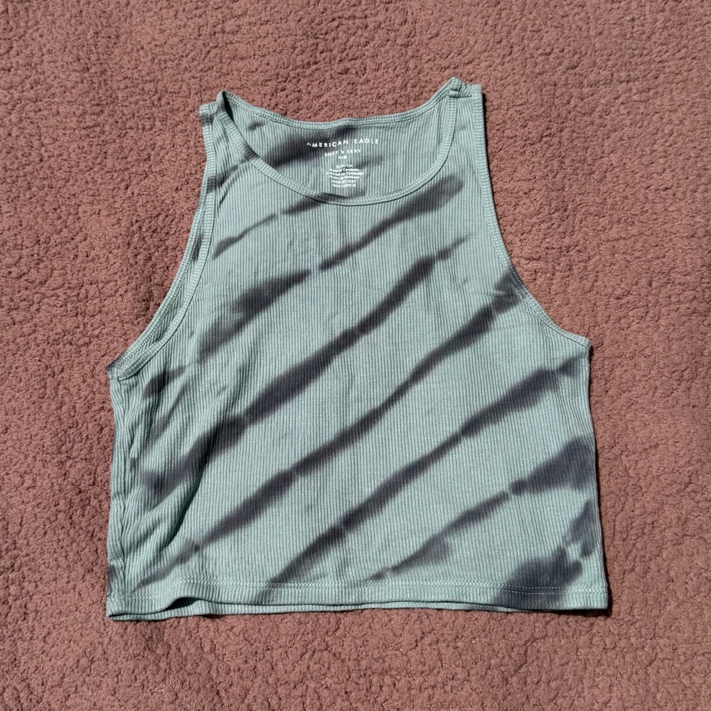 AMERICAN EAGLE Tie-Dye Teal Crop Tank Top
